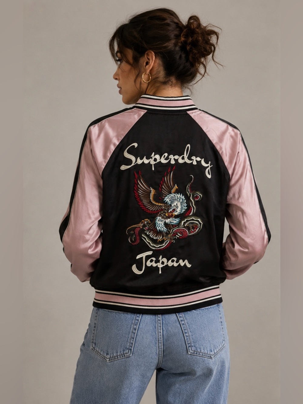 ✨RARE NWT Superdry Sukajan Embroidered Bomber Jacket Eagle Snake Satin Pink✨